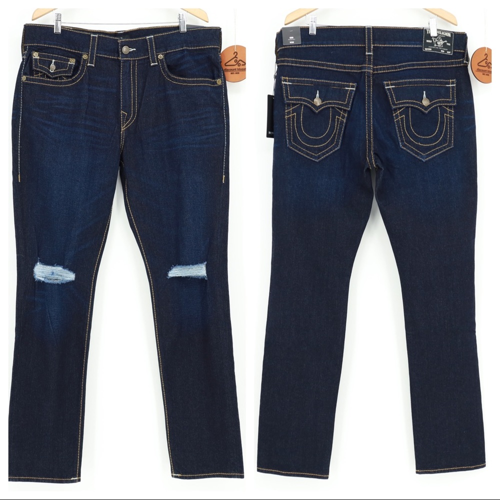 TRUE RELIGION RAZOR DARK RIPS GENO FLAPS RELAXED SLIM JEANS